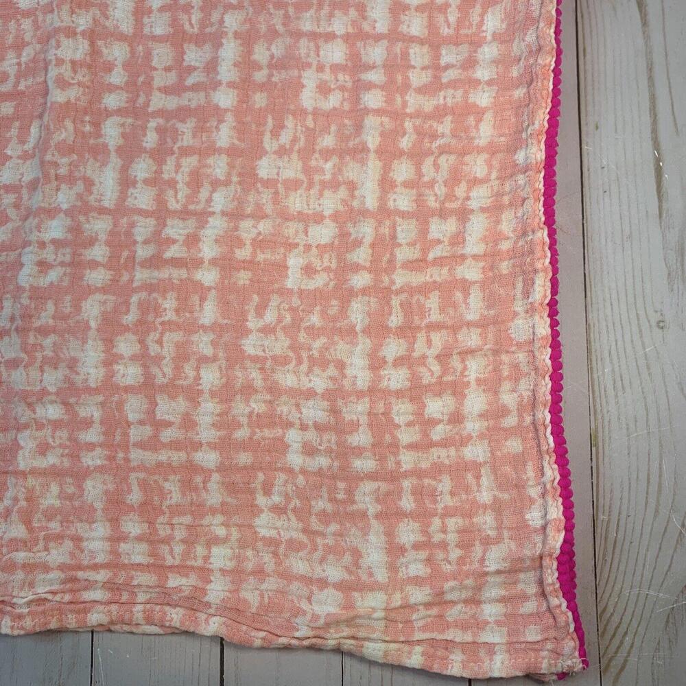 Chick Pea Pink Peach Muslin Cotton Pom Pom Trim Baby Blanket Swaddle Gauze 1625
